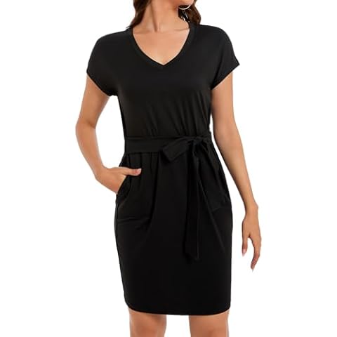 Lightbare Womens UPF 50+ Short Sleeve T Shirt Dress V Neck Summer Floral Dresses Tie Waist Casual with Pockets Black Cover