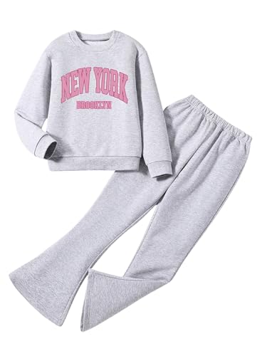 Image of SOLY HUX Girl's Sweatsuit 2 Piece Outfits Letter Graphic Long Sleeve Sweatshirt Tops and Flare Leg Pants Set Grey Letter 8Y