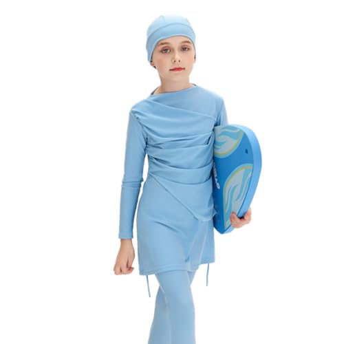 Image of Muslim Swimsuits for Girls Modest Swimwear Full Cover Hijab Burkini Islamic Top Pants Cap 3PCS Rash Guard Sets