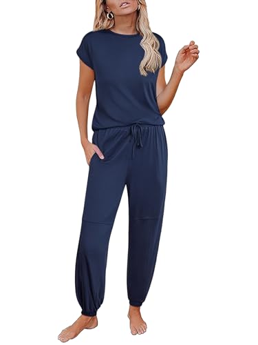Image of Ekouaer Pajamas for women 2 Piece Lounge Set Cap Sleeve Sleepwear Joggers Pants Pjs with Pockets S-XXL