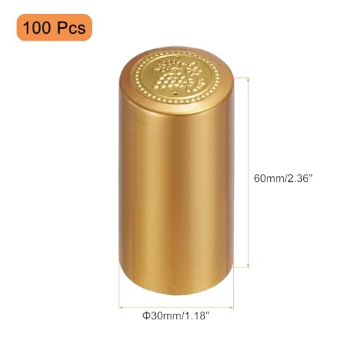 uxcell 100Pcs PVC Heat Shrink Capsules Wine Bottle Capsules Shrink Cap Wrap Shrink Top Cover Grape Shape for Wine Cellars and Home Kitchen, Yellow Gold 30x60mm