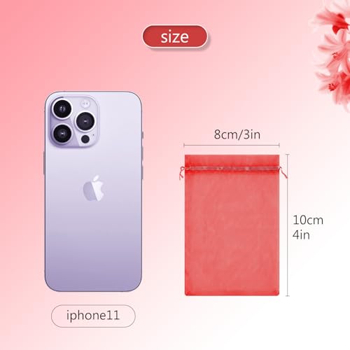 Image of FUNFERY 100Pcs Red Organza Bags 3x4 in,Small Mesh Drawstring Gift Bag | Little Jewelry Bags for Wedding Party Favors, Mini Drawstring Pouch for Sachet, Candy, Goodie, Treat Bag for Easter Day