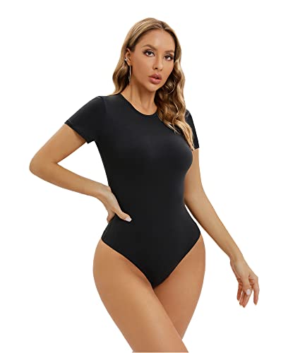 Shaperx Body-Hugging T-Shirt Bodysuit Tops For Women Soft Crew Neck Body Suits Thong Jumpsuit, Sz5249-Black-M #TOP6