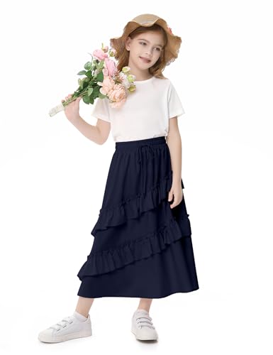 Image of Girls High Waisted Ruffle Maxi Skirt Soft Cotton Long Skirts with Elastic Waistband for Kid Girl 3-12 Years