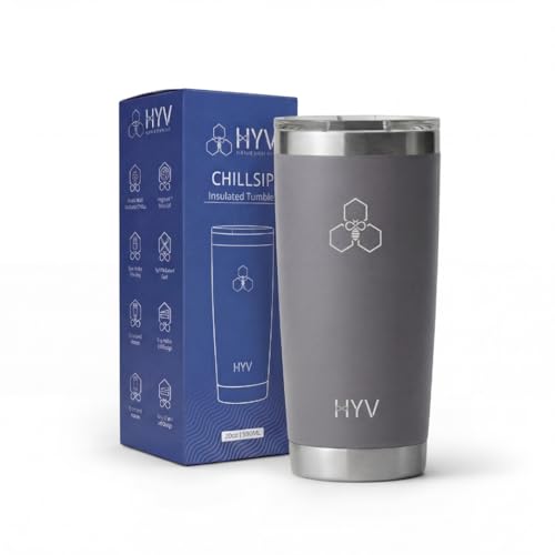 Image of HYV ChillSip Insulated Coffee Mug Tumbler 600ml | Double Wall Vacuum Stainless Steel Travel Mug with Leakproof Magnetic Lid | Hot & Cold | Flask for Office, Gym & Travel | Charcoal Grey