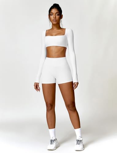Image of ABOCIW Women Square Neck Long Sleeve Workout Crop Top Low Medium Impact Athletic Yoga Gym Shirts with Built in Bra(ONLY TOP)