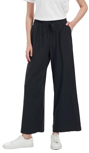 Tronjori Women Linen Blend Palazzo Pants Summer Boho Wide Leg High Waist Casual Lounge Pant with Drawstring
