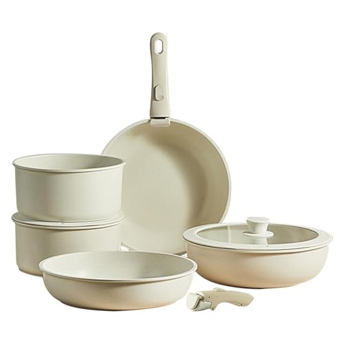 ycezw Juego de sartenes seguras, utensilios de cocina de inducción | Juego de cocina antiadherente blanco crema - Juego de cocina antiadherente antiadherente mango extraíble para hornear,