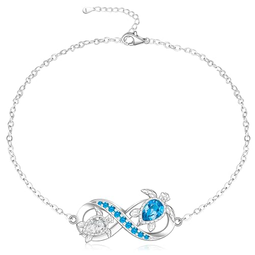 Image of Fenthring Turtle Anklet S925 Sterling Silver Blue Opal Sea Turtle Ankle Bracelets for Women Infinity Wave Ocean Beach Summer Foot Bracelet Jewelry Layered Adjustable
