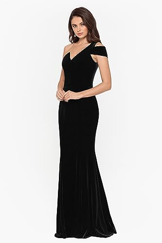 Betsy & Adam Women's Long Velvet Sleeveless One Cold Shoulder Stretch Sheath Gown3
