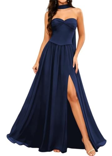 Robe de cocktail bleu marine longue sans bretelles mousseline taille 40