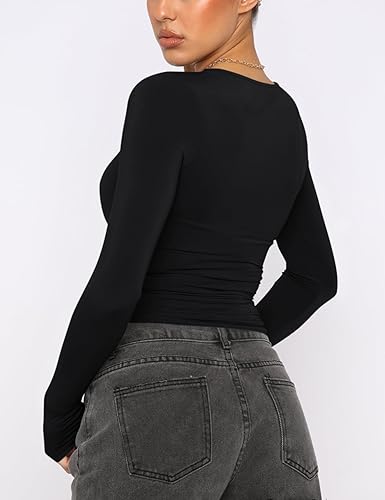 Image of AKEWEI Long Sleeve Crop Tops for Women 2 Pack Fall Going Out Outfits Cute Tight Basic Tees Shirt