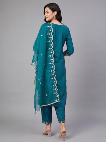 Image of INDO ERA Women's Silk Embroidered Straight Kurta With Pant & Dupatta Set