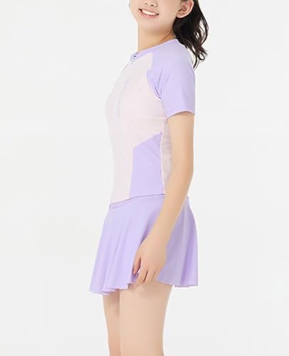 JadeRich Teen Girls 2 Piece Short Sleeve Skirted Bathing Suit Zipper Front Rash Guard Sporty Swim Dress2