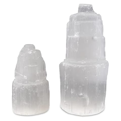 WISH WELL 2 Piece Selenite Tower – 4” and 2.5” Selenite Crystal Tower – Mined and Crafted in Morocco – Ideal for Cleansing and Recharging Crystals and Healing Stones (4" and 2.5" Tower) Cover