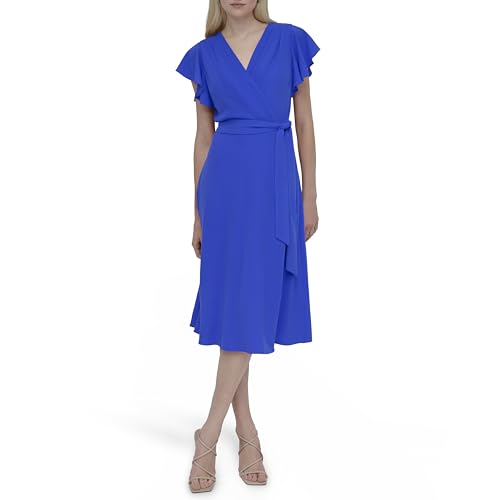 Image of DKNY Women's Flutter Sleeve Tie Fit & Flare Midi Dress