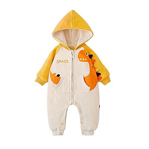 ベビー服 長袖ロンパース厚手 秋冬防寒服 帽子付き新生児カバーオール 赤ちゃん 男の子出産準備贈り物イエロー恐竜柄9M