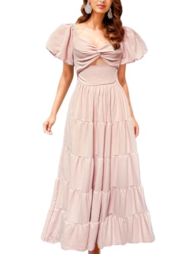 Image of GOLDSTITCH Women's 2026 Boho Floral Maxi Dress Puffy Short Sleeve Cutout V Neck Casual Long Beach Dress