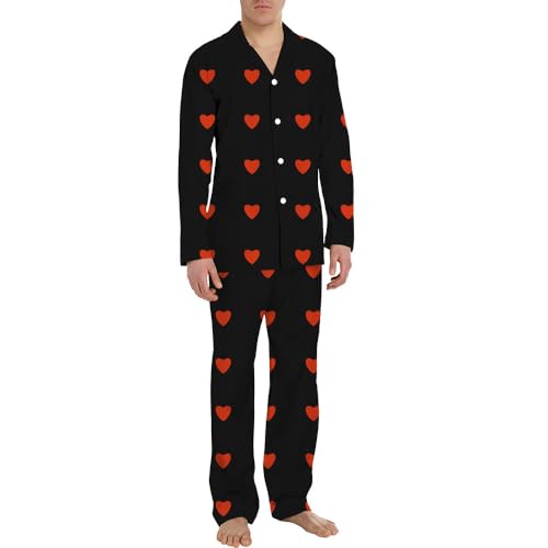 Casual Sleepwear Pjs Set for Men Valentine's Day Comfy Long Sleeve Lapel Sleepwear Top Solid Pyjama Pants Two-Piece