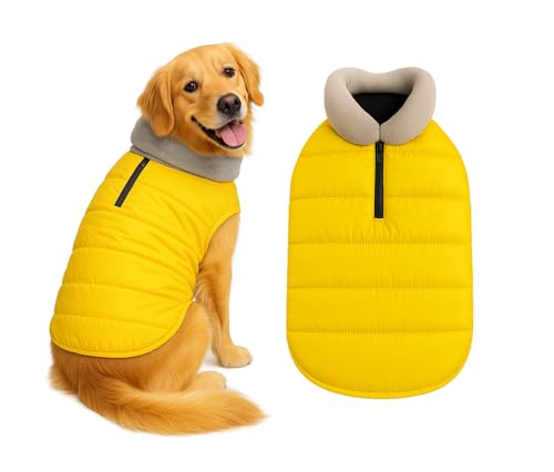 Image of The Pets Company Dog Winter Coat Jacket, Clothes, Windproof, Waterproof, Light Weight, Washable, Ultra Warm Thick Fleece Lined Dog Vest for Cold Weather Protection, (Yellow, Large - 26 Inch)