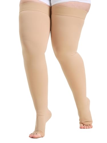 Image of Plus Size 5XL Thigh High Open Toe Compression Stockings 15-20mmHg for Men and Women, Thigh High Length, Dot-Top, Open Toe, Beige