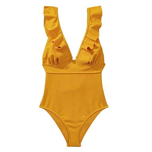Traje de baño Delgado Conservador con Escote en V y Espalda Abierta con Volantes y Borde Volador Que Cubre el Vientre para Mujer BañAdor de Una Pieza para Mujer (Yellow, M)