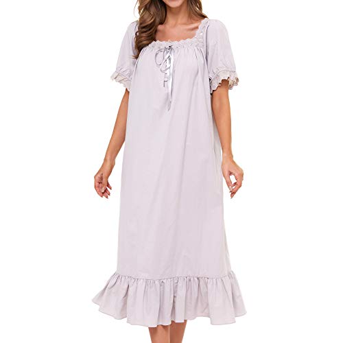 Image of Lu's Chic Women's Victorian Nightgown Cotton Sleepwear Long Loungewear Short Sleeve Vintage