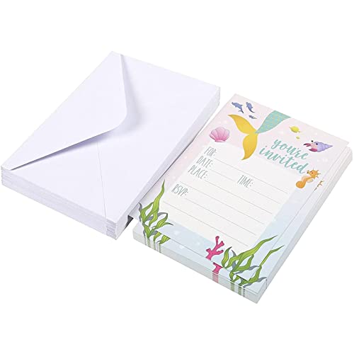 Mermaid Party Invitations - 24 Fill-In Invites With White Envelopes - Postcards For Kids Birthday, Girls Party And Baby Shower, 5 X 7 Inches, Pink And Blue #TOP3