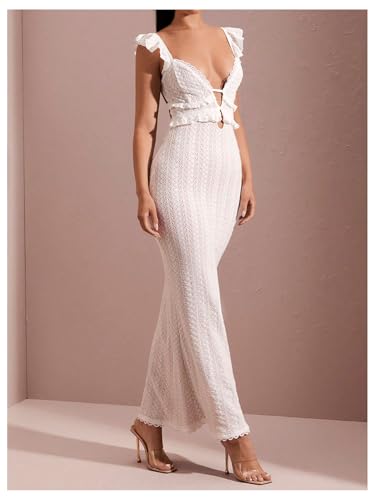 SOLY HUX Women's Maxi Dress Crochet Ruffle Sleeveless Backless Bodycon Long Dresses3