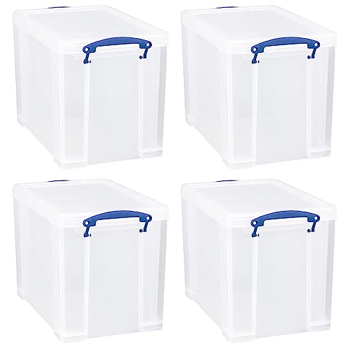 Image of Really Useful Box 19 Liter Plastic Stackable Storage Container w /Snap Lid & Built-in Clip Lock Handles for Home & Office Organization, Clear (4 Pack)