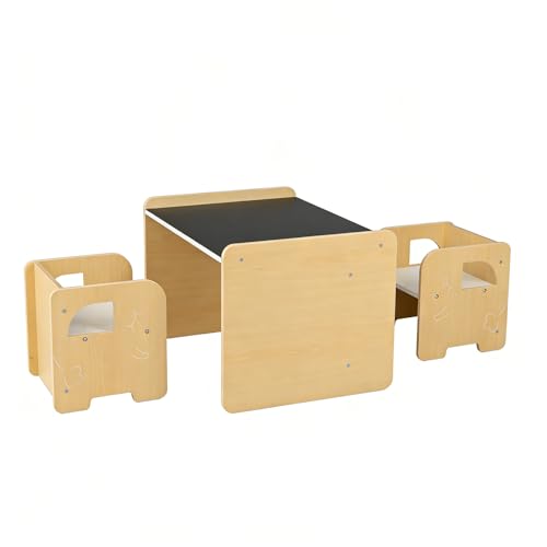 COSTWAY Table Enfant avec Chaise en Motif Éléphant, Table et 2 Chaises Enfant Convertible avec Tableau Noir, Espace de Rangement, Petit Bureau Montessori en...