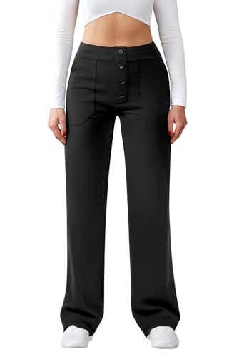 Friptspyg Hose Damen Hohe Taille Weite Hose Knopf Gerades Bein Hose Casual Arbeit Hose Stretch Yogahose mit Taschen, Schwarz L