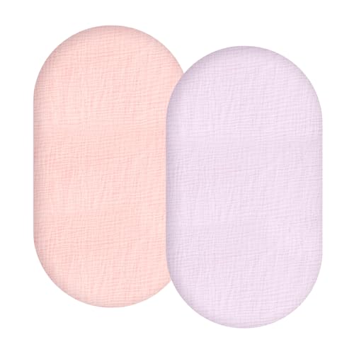 Image of Synrroe 2 Pack Muslin Bassinet Fitted Sheets - 100% Cotton, Fits Oval/Rectangle/Hourglass Bassinet Mattresses, Pink & Purple, Soft Breathable Newborn Baby Bassinet Sheets