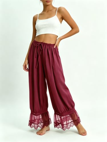 Image of UAURORAO Women Lace Trim Bloomer Pants Flowy Culottes Pantaloons Bloomers