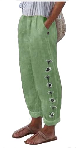 Womens Linen Pants with Pockets Loose Elastic High Waisted Comfy Beach Trousers Summer Lightweight Embroidered Casual Pants