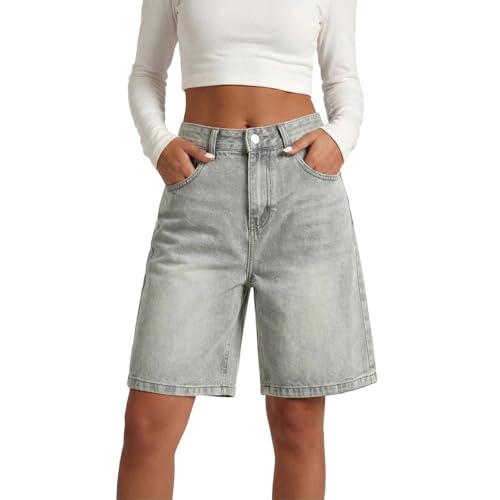 Image of AMDOLE Denim Shorts for Women UK Summer Casual Cotton Regular Fit Stretch Cropped Jean Shorts Half Pants Baggy Bermuda Short High Waisted Wide Leg Ladies Knee Length Short Grey S
