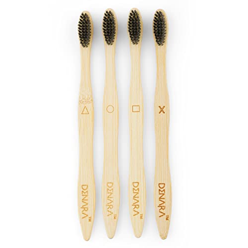 Image of DENARA Bamboo Toothbrush with Charcoal Activated Soft Bristles antibacterial & biodegradable Adult (Pack of 4)