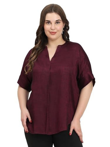 Image of SINDOORI Relaxed Fit Tops for Women Plus Size Solid Printed Mandarin Collar, Band Collar, V-Neck Top, Half Sleeve Loose Fit