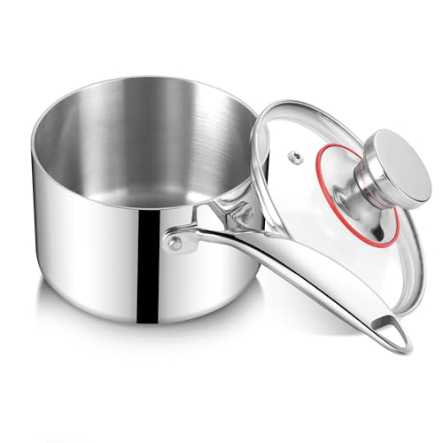 Joyfair Stielkasserolle, 18cm Premium 3-Lagiger Edelstahl Milchtopf Induktion mit Deckel, 2,5 Liter Kochtopf mit Langer Griff, Klein Töpfe für alle Herdarten, Unbeschichtet & Spülmaschinenfest