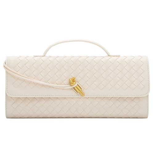 NEWBELLA Women's Handmade Woven Clutch Purse - PU Leather Crossbody Bag for Evening & Casual, Adjustable Shoulder Strap Fashion Handbag (White)