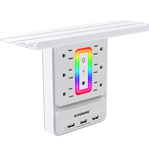 Multi Plug Outlet Extender with Shelf, SAFEMORE Surge Protector 6 AC Outlets Wall Outlet with 3.2A USB Charging Ports Wall Plug Expander , USB Wall Outlet with Night Light for Home, Dorm