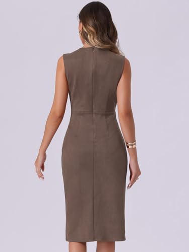 Image of Allegra K Faux Suede Dresses for Women's Sleeveless Crewneck Split Hem Work Office Sheath Dress