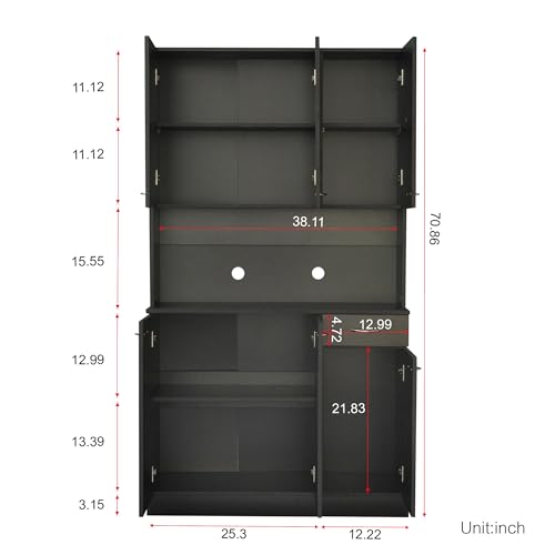 Image of Modern Kitchen Pantry Cabinet, 70.86 inch Tall Freestanding Cupboard with Multi-Tier Storage Rack and Microwave Stand for Kitchen, Living Room,Black