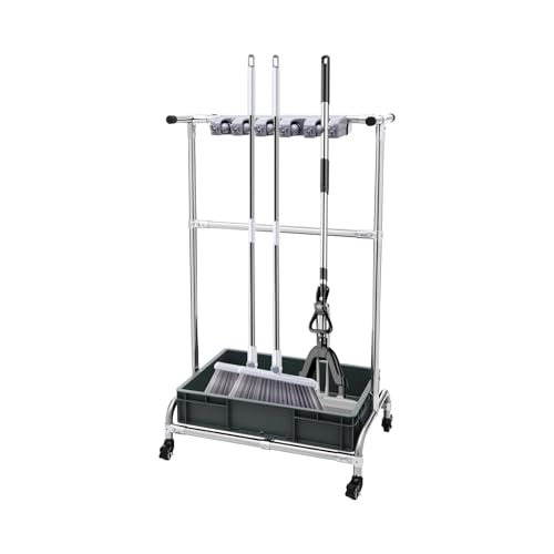 JAYGOVAN Broom and Mop Holder Put Wet Mops Movable Floor-Mounted Mop Rack Floor Standing Cleaning Tool Cart Storage with 12 Pack and Wheel Broom Holder Organizer for Garden