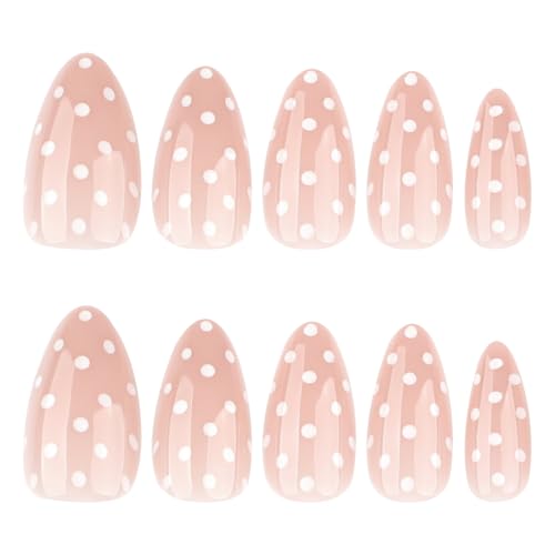 Image of Polka Dots Press on Nails Medium Almond Fake Nails Nude False Nail with Design White Point Glue on Nails Reusable Artificial Acrylic Glossy Full Cover Stick on Nail for Women Manicure 24Pcs