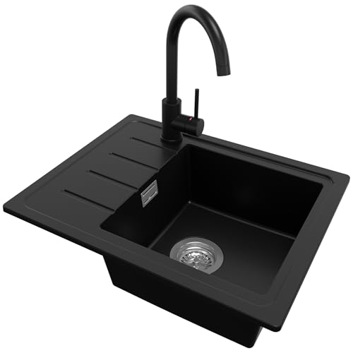 PRIMAGRAN Evier Cuisine en Granit Noir 55x44cm, Lavabo 1 bac + Robinet 32x20cm + Kit de Vidage, Évier à Encastrer al mueble 45cm - Copenhague Easy
