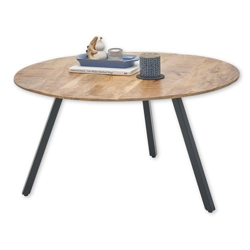 GLORIA Couchtisch Massivholz Mango rund - Hochwertiger Sofatisch mit schwarzem Metallgestell - 80 x 40 x 80 cm (B/H/T)
