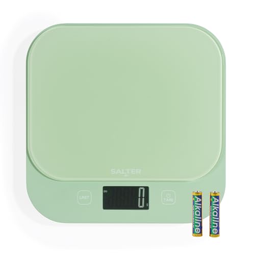 Salter British Bakes Báscula de Cocina Digital - Alta Capacidad de 10 kg, Mide Líquidos, Resistente al Agua, Función Tara, Plataforma de Vidrio, Precisión de 1g, Pantalla Iluminada, Verde