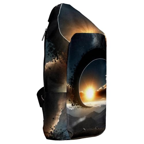 Mochila de hombro cruzada con diseño de eclipse solar y formato compacto 4