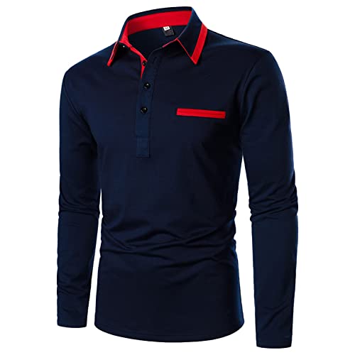 Hatop Men's Cotton Polo Shirts Golf Long Sleeve Shirts Slim Fit Casual Color Block T-Shirts 12-Navy #TOP17